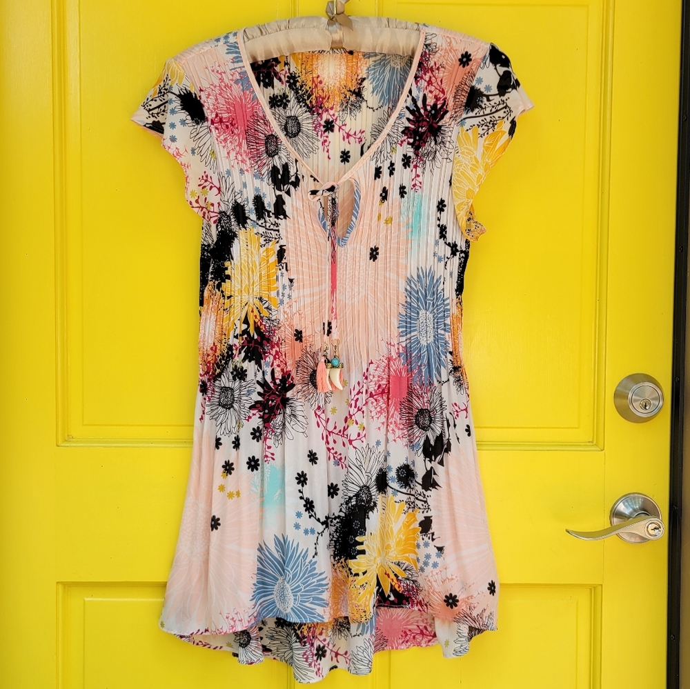 Boho Accordion Pleat Tunic Dress Pastel Floral Tassel Tie OS